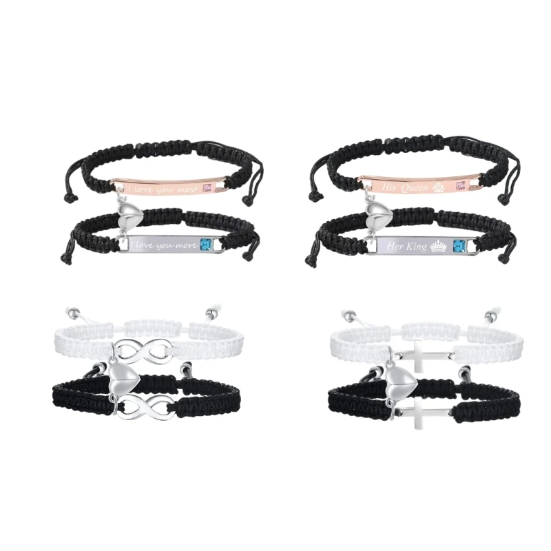 T4MD Braided Cord Bracelet Pair with a Split Heart Design, Adjustable Sliding Closures, and Smooth Stainless Steel
