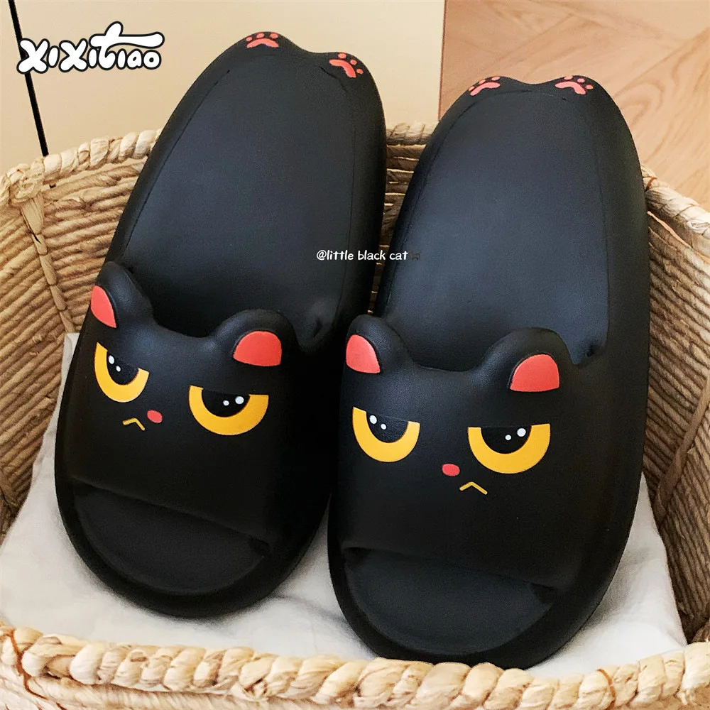 

Adorable Black Kitten Slides - Glowing Eye Details & Velvet Paw Print Heels, Cozy Slippers for Lounge/Gaming