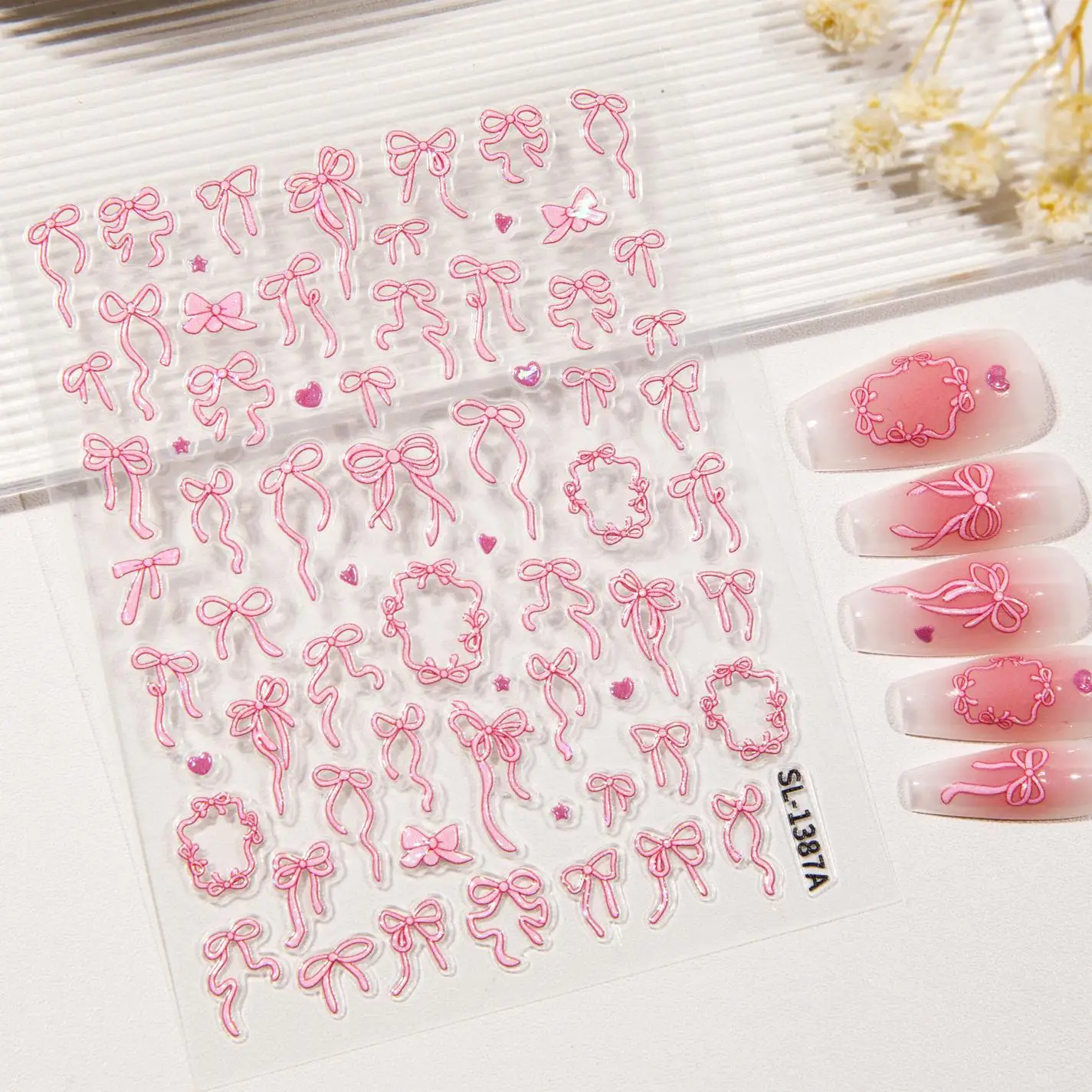 1 Set 5D Embossed Aurora Bow Nail Stickers Pink Shell Shiny Self Adhesive DIY Manicure Nail Art Decor Ornaments