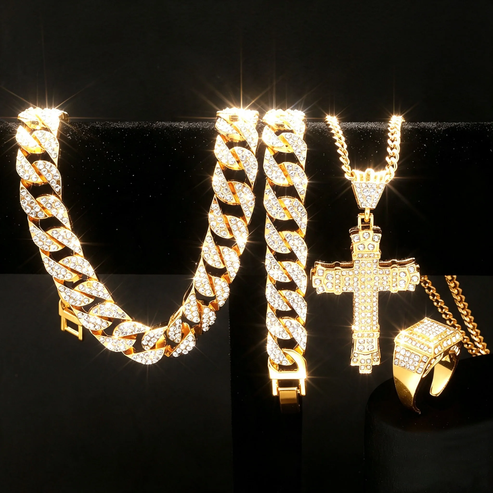 4PCS Men's Fashion Sparkling Cuban Chain, Rhinestone Cross+Ring, Hip-Hop Rap Jewelry Set
