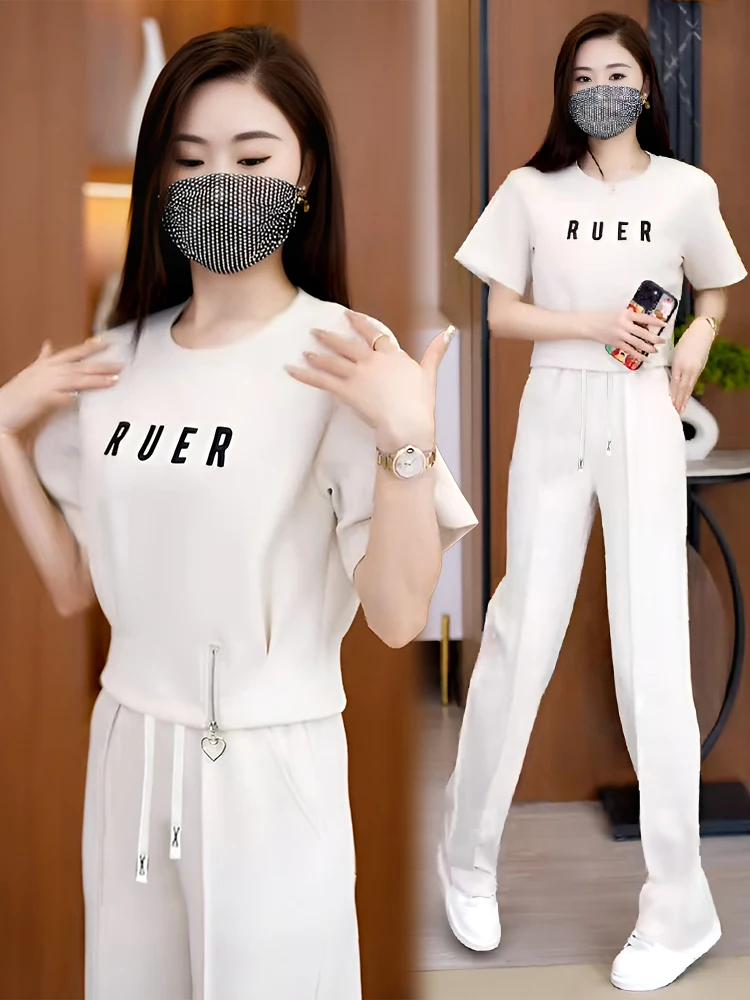 

Faionable Casual Sportswear Set Women's Summer 2026 New Sle High Waist Wide Leg Pants Two Piece Set Ele Slimming