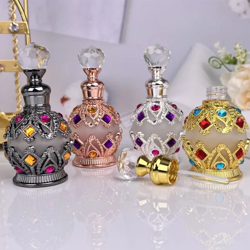 زجاجة زيت عطري فارغة مرصعة بالجواهر للسفر زجاجة عتيقة زجاجة قطارة صغيرة معدنية 15 مللي زجاجة عطر على الطراز العربي هدية للنساء