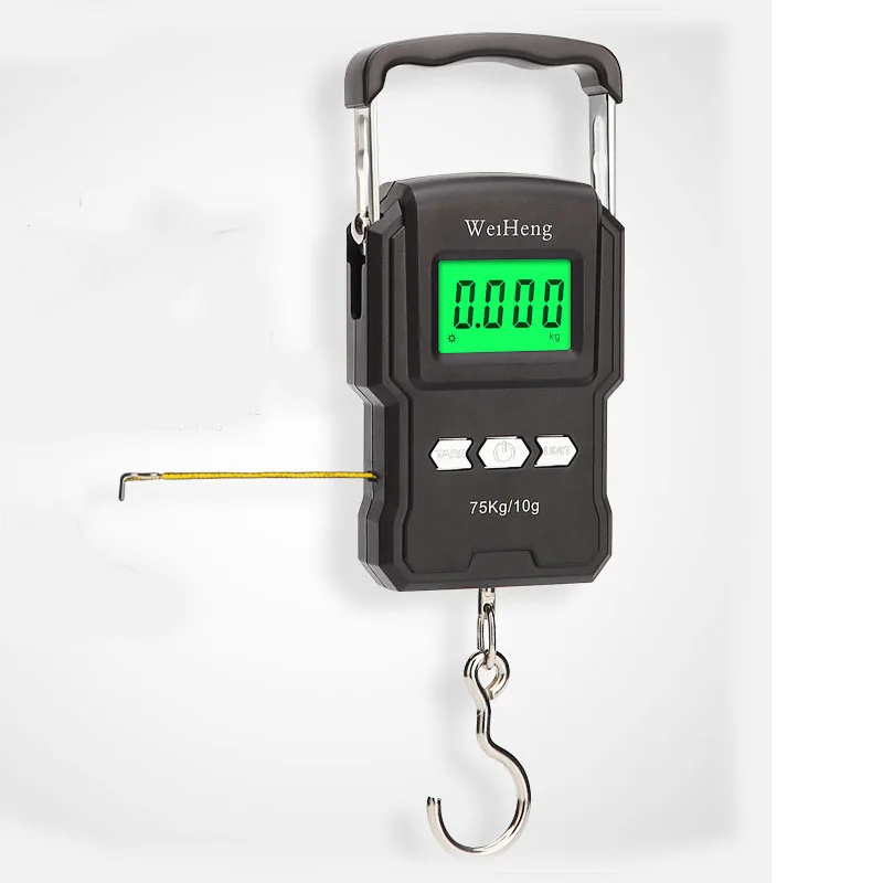 75kg/10g Portable LCD Electronic Hand Scale Handheld Electronic Scale Fishing Hook Scale with Retractable Measuring Tape