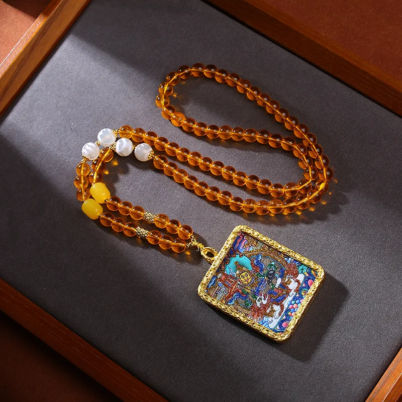 Tibetan Thangka Yellow God of Wealth Yellow Glass Pendant Necklace High Grade Cultural and Artistic Accessories Hanging Ornament