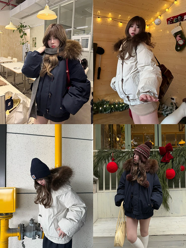 

Detachable Fur Collar Hooded Loose Button down down Jaet Vegetable Orbs Secretly Hideable Faionable Warm Winter Coat
