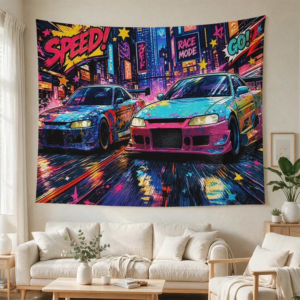 Vibrant Retro Speed Race Car Art Tapestry Wall Hanging for Man Cave Garage Decor Pop Culture Automotive Style