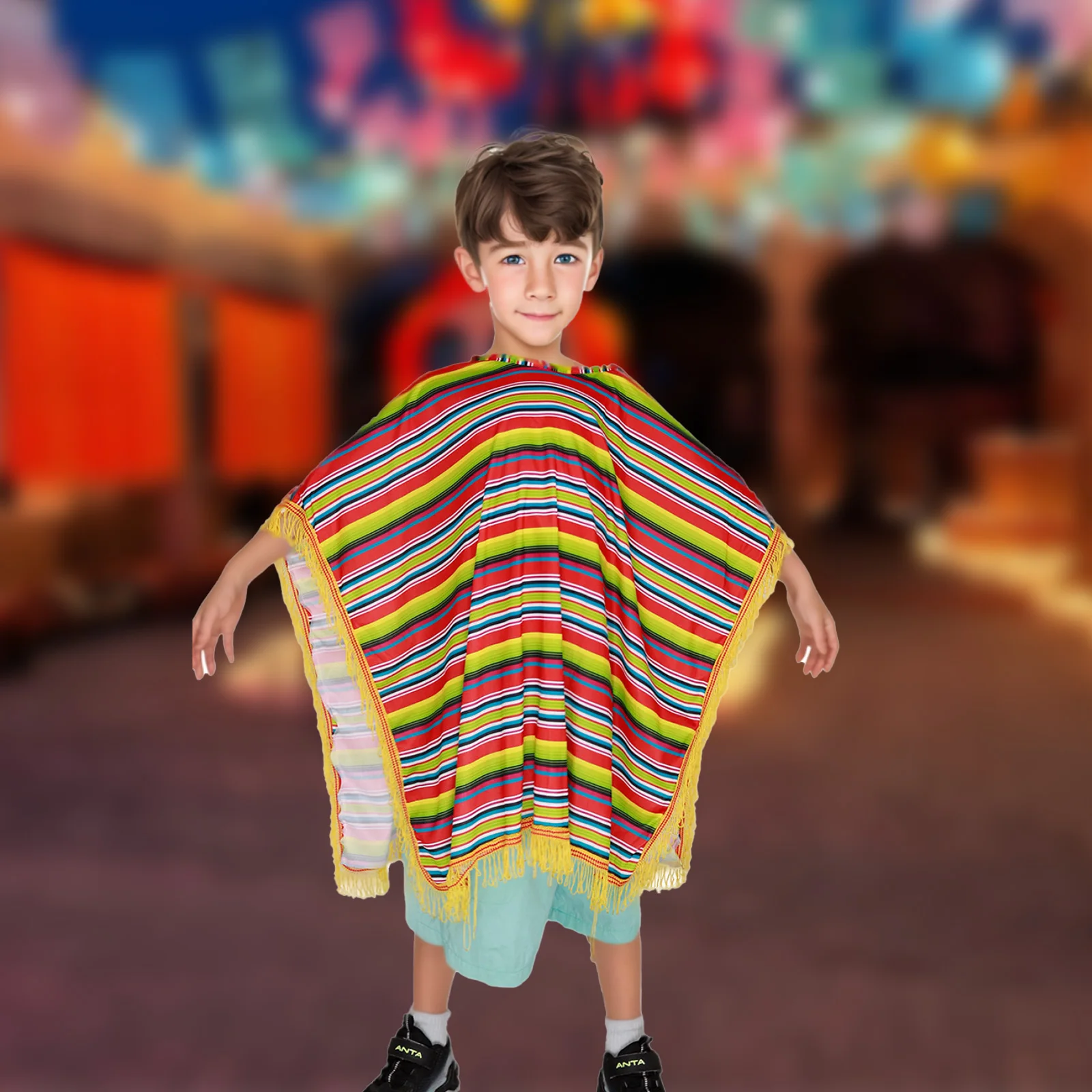 Children Mexican Style Colorful Striped Cape Cosplay Halloween Party Costumes Ethnic Costumes Fancy Performance Costumes