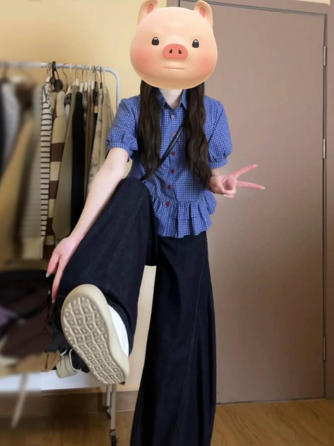 

Синяя клетчатая блузка с рукавами-фонариками, укороченная, женская, летняя 2026, в стиле Miu, с асимметричным подолом, корейский свободный крой, для повседневной носки