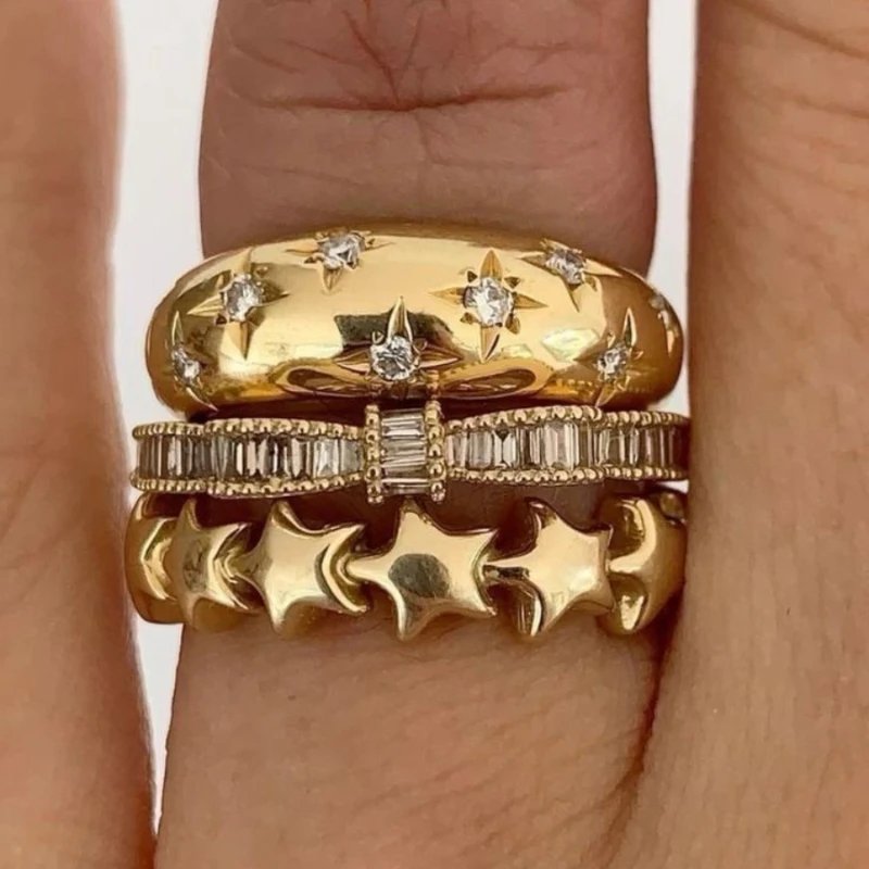 3-teiliges Modisches Sternförmiges Synthetisches Zirkonia-Schleifenring-Set Mehrschichtige Ringe für Damen Bankett-Party-Schmuck Accessoires Geschenke