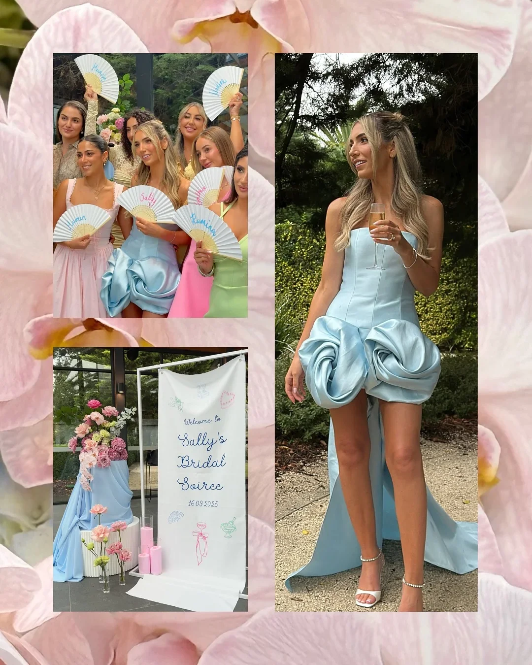 Sweety Himmelblaue Damenkleider zum Feiern, hoch niedrig, drapiert, plissiert, Blasenmädchenkleid, trägerlos, schulterfrei, floral, lange Ballkleider