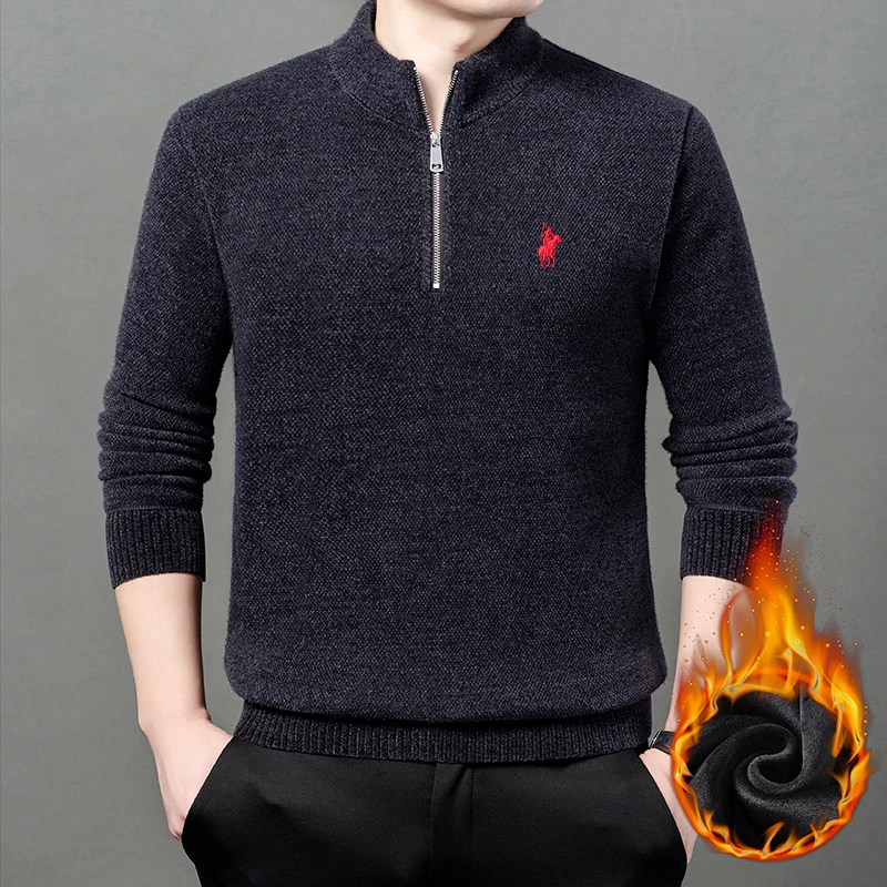 

Мужской свитер с полувысоким воротником на молнии, зима 2025, новый стиль с добавлением бархата и толстым теплым свитером на основе
