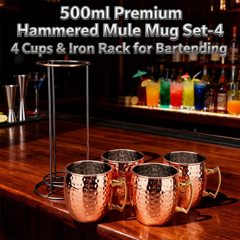 4PCS 500ml Moscow Mule Mugs Set with Iron Rack–304 Stainless Steel Hammered Copper Cups for Cocktails, Beer, Whiskey Drinkware