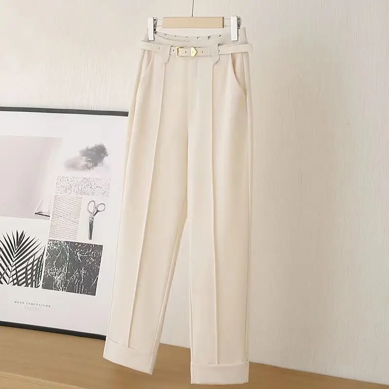 Women\'s Clothing Spring Autumn Solid Color Button Pockets Sashes Casual Straight Trouser Suits Office Lady Vintage Cropped Pants