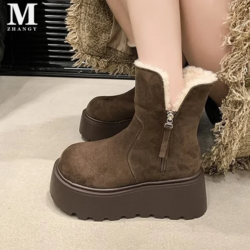 Fur Platform Women Ankle Boots Flats Suede Casual Shoes Woman 2025 Trend Winter New Fashion Walking Cozy Goth Femme Snow Botas