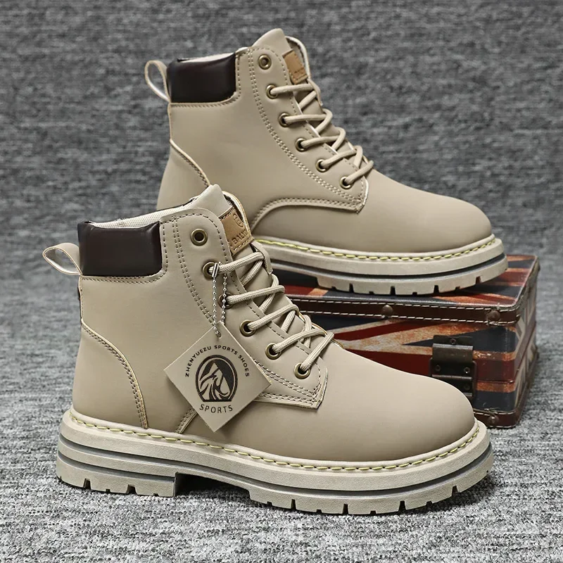High Top Boots Men\'s Leather Shoes Fashion Outdoor Ankle Boots for Men Lace-Up Comfortable Male Boots Non Slip Flat Boot Botas