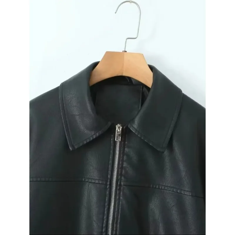 Jaqueta Feminina de Couro Sintético Preto Retrô Solta Estilo Streetwear 2026 - Casaco Vintage com Zíper para Primavera/Outono - Motoqueira
