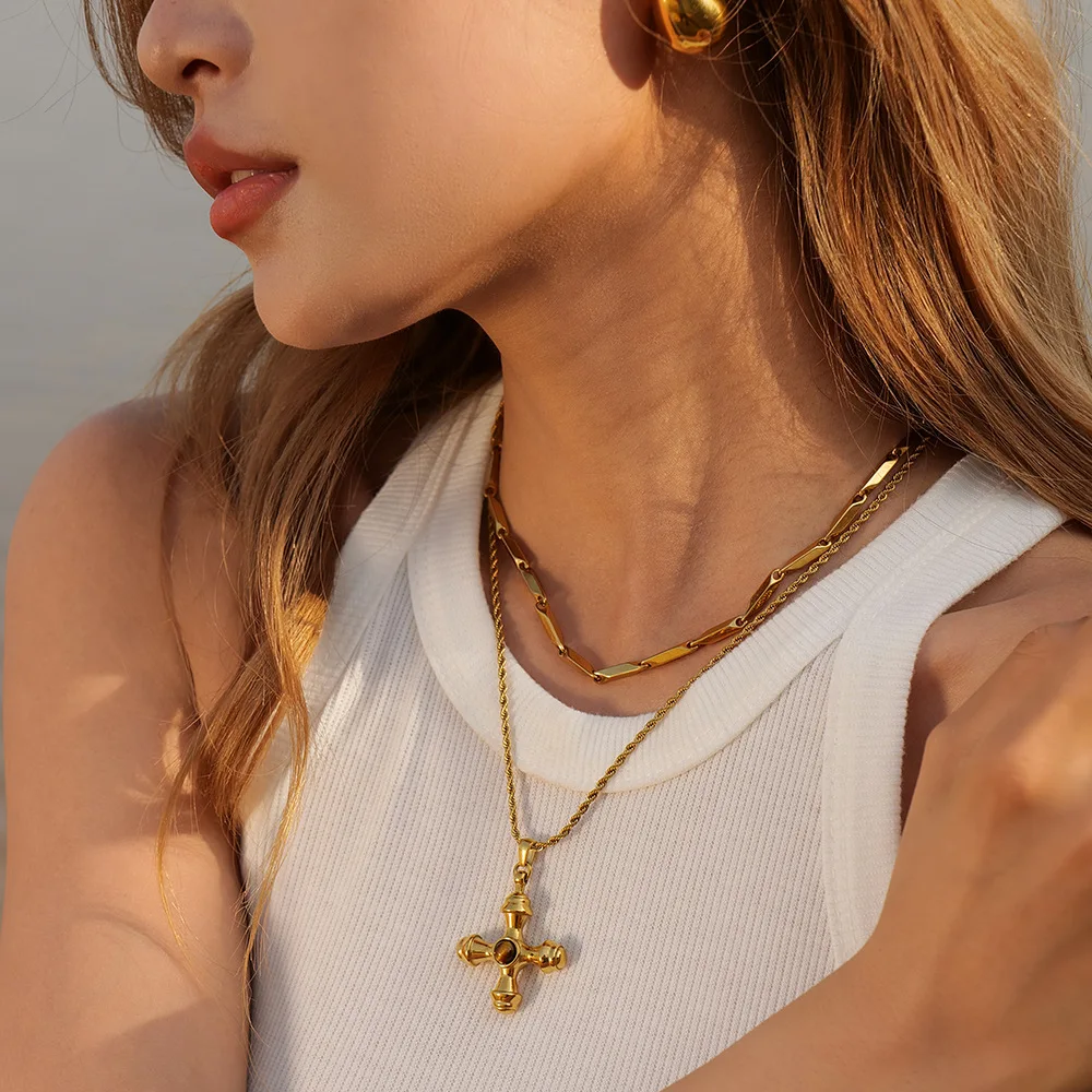 Stainless Steel Cross With Tiger Eye Stone Pendant Necklace Does Fade Women Men Couple Holiday Gift Necklace Versatile Jewelry