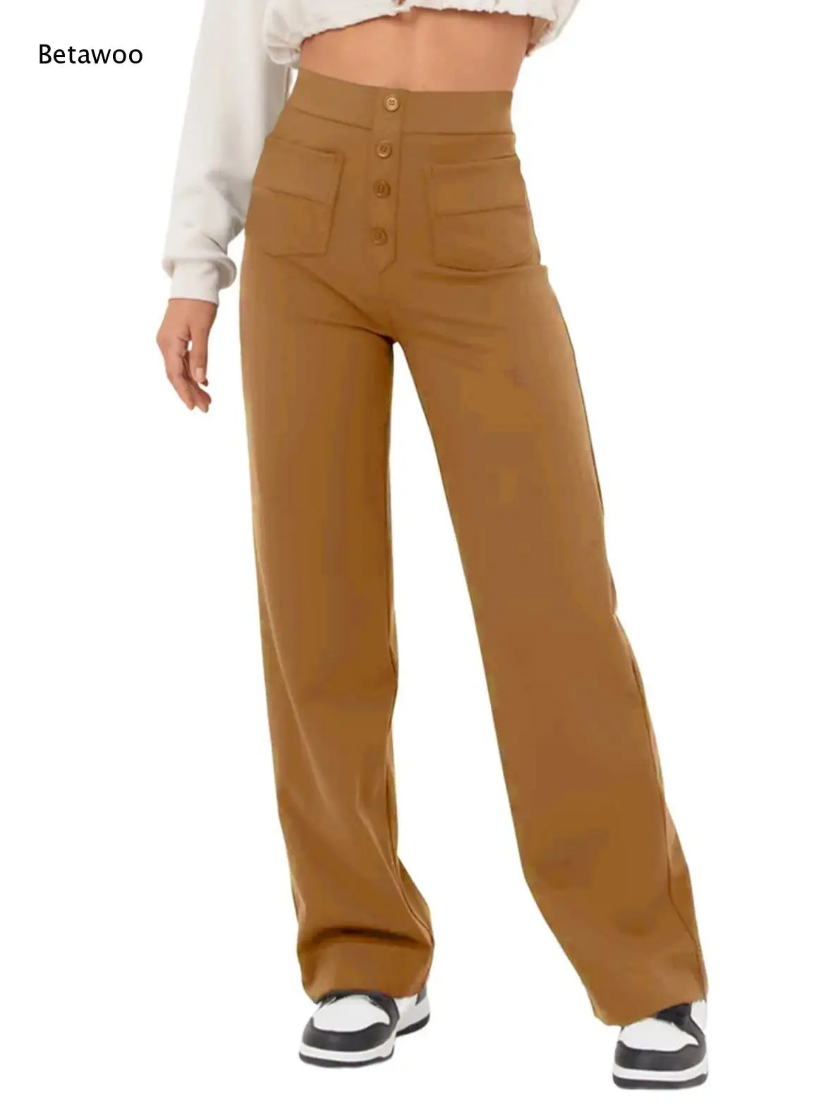 High Rise Multi Button Front Wide Leg Pants Double Front Patch Pockets Solid Blue Soft Stretch Knit Fabric for Casual Daily