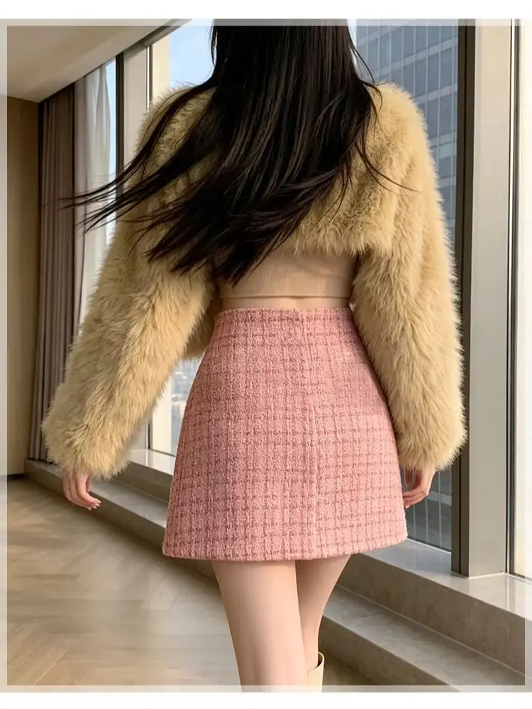 Autumn Winter Pink High Waist Plaid Wool Mini Bodycon Skirt, Stylish Cute Short Skirt for Women Office Casual Daily Chic Elegant