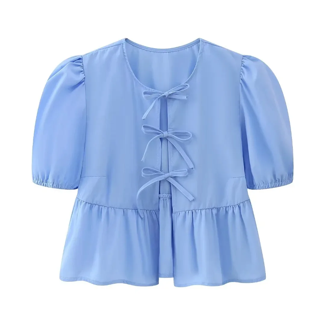 Bow Tie Lace Up Green Women Shirts Blouses 2024 Loose Puff Sleeve Pleat Girl Shirt Top Spring Summer New Cropped Lady Streetwear