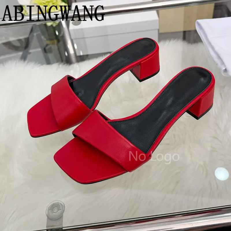 

2026 Summer New Leather Square Heel Slippers Slip On Square Toe Mules for Women Sexy Dress Sandals Slippers Mujer