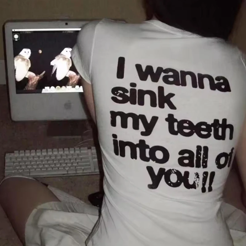 Y2k Style Goth Letter Print Vintage Street Women Grunge T-shirt Clothes Aesthetic 2000s Tops Cute Emo Girl Crop Slim Baby Tee