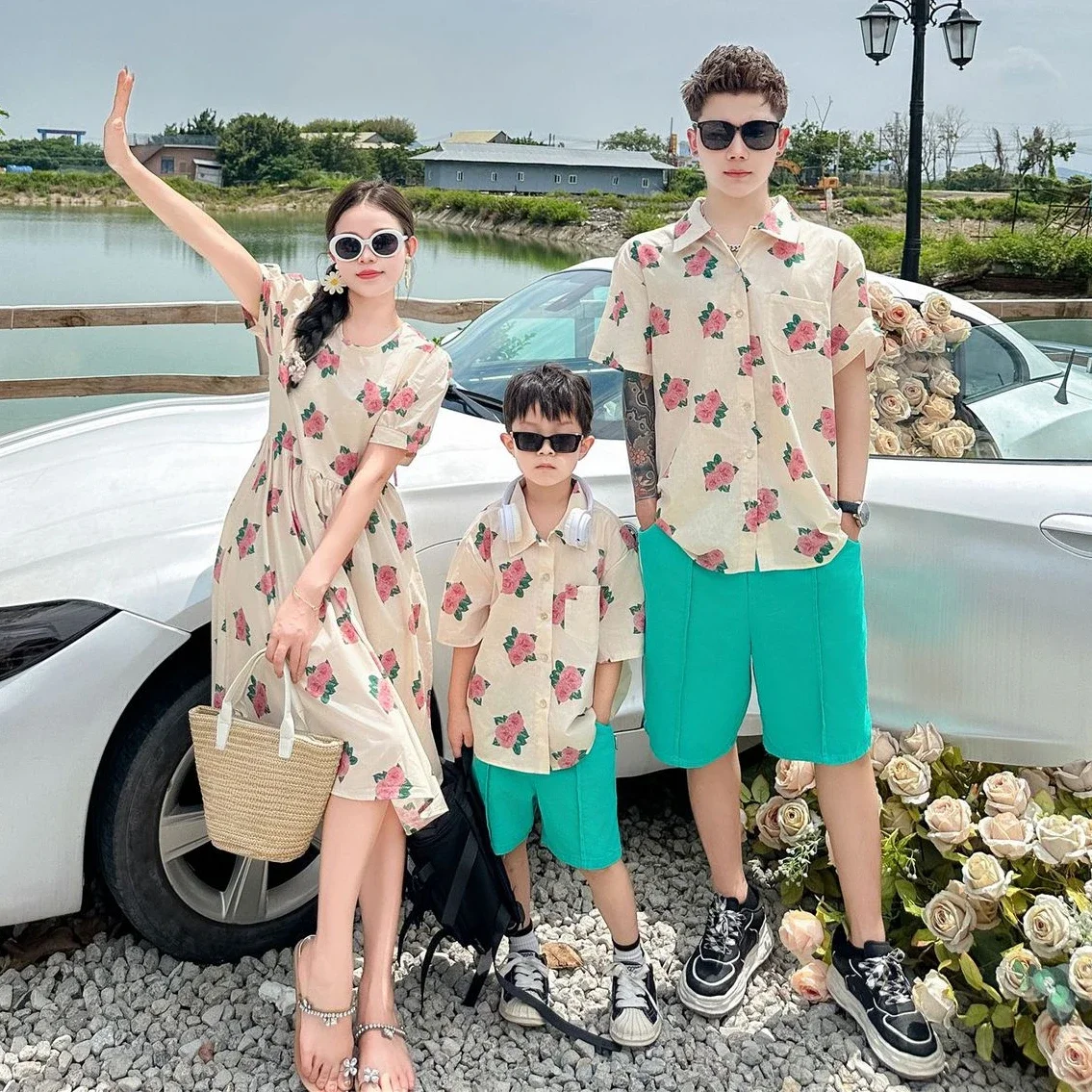 Vacation Family Floral Clothes Mom Daughter Resort Dress Dad Son Shirts Shorts Ourfits Korean Brother Sister Matching Clothing