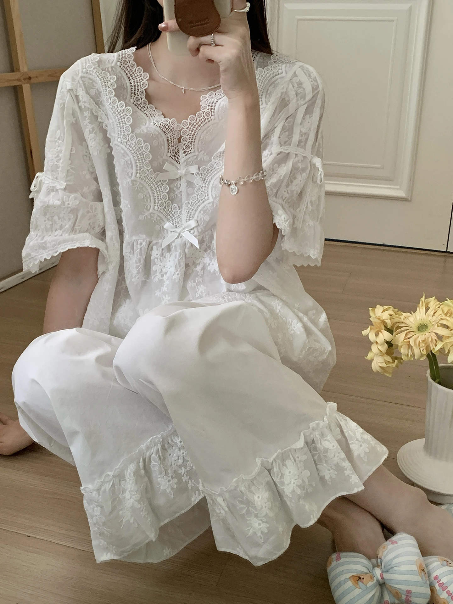 chemise-de-nuit-retro-style-princesse-douce-a-manches-courtes-et-pantalon-long-en-pur-coton-pour-femme-broderie-lourde-en-dentelle-exquise-pour-l'ete