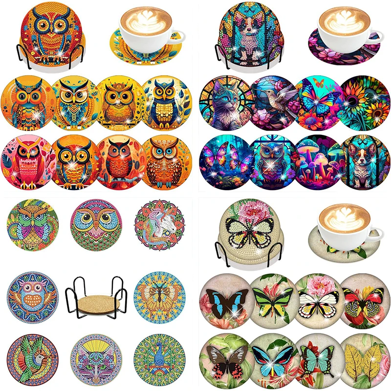 

GATYZTORY 8pcs/Set DIY Diamond Art Owl Coasters with Holder Anti Slip Wood Drip Mats Special Shape Diamond Painting Coasters for