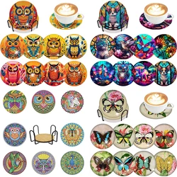 GATYZTORY 8pcs/Set DIY Diamond Art Owl Coasters with Holder Anti Slip Wood Drip Mats Special Shape Diamond Painting Coasters for
