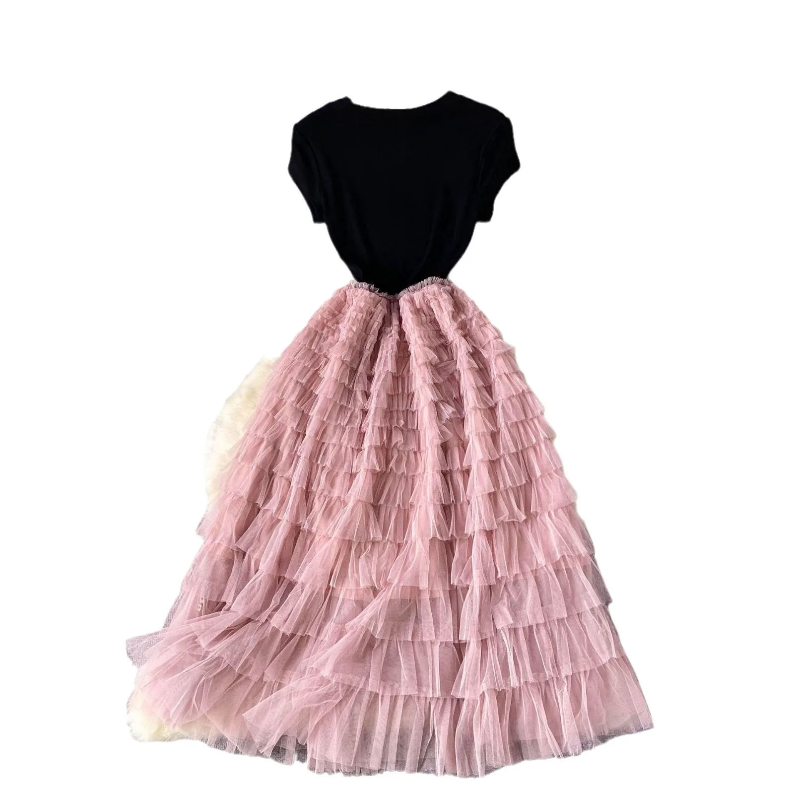 American European Style New Fashion Summer Women's Mesh Spliced Short Sleeve O-neck Dresses Casual Trendy Elegant Dresses Female