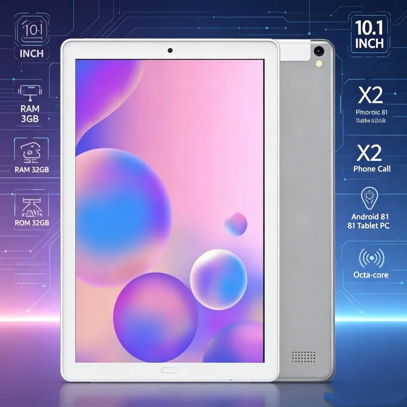 10.1인치, 3GB ROM, 32GB 저장 공간, X2 CPU, 안드로이드 8.1 운영체제, 통화 기능 지원, A1 태블릿 PC, MTK6753 1.3GHz CPU, A53 듀얼 카메라, SIM 카드 지원.