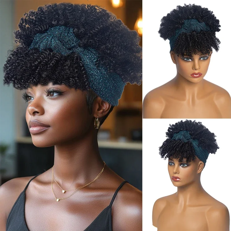غريب مجعد عقال شعر مستعار الاصطناعية الأفرو عالية نفخة مجعد عصابة رأس الباروكات للنساء السود قصيرة الأفرو مجعد وشاح التفاف شعر مستعار تأثيري