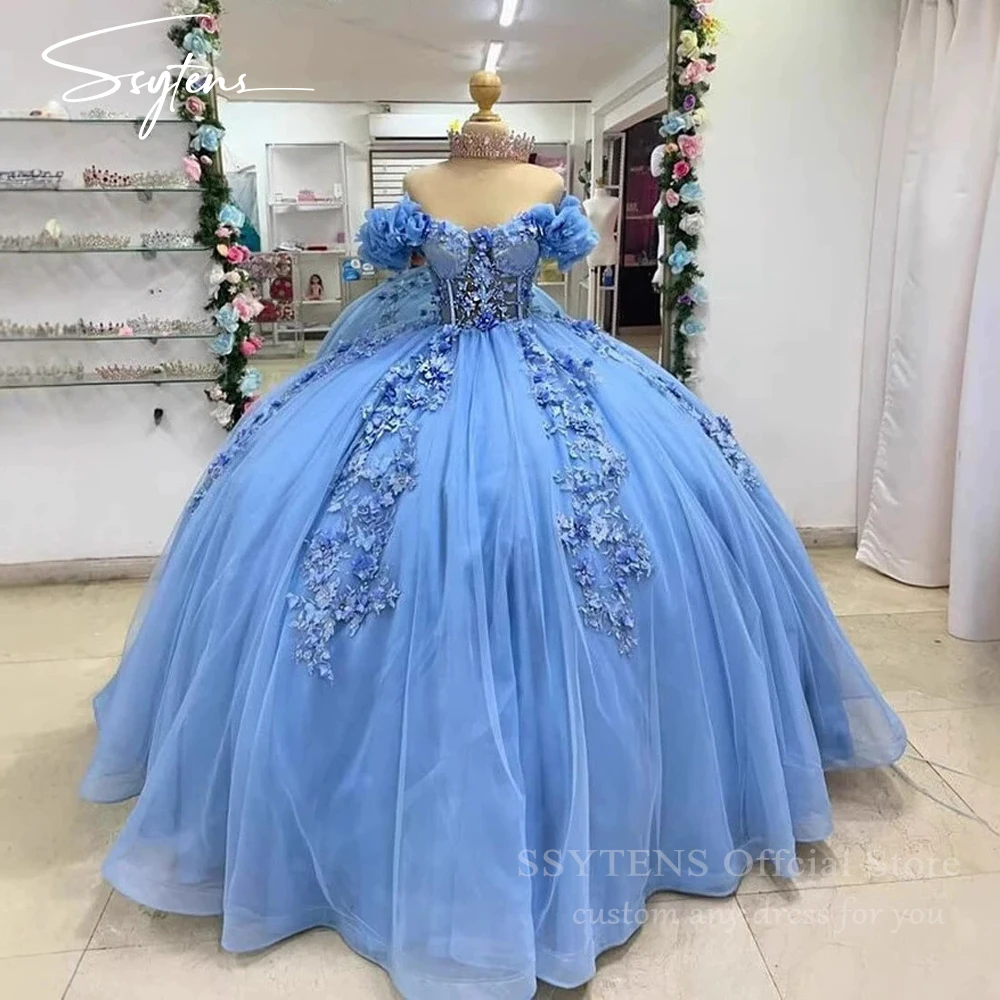 SSYTENS Elegant Quinceanera Dresses with Appliques Ball Gown Off the Shoulder Party Tulle Robe Princesse Bleu Femm Customized