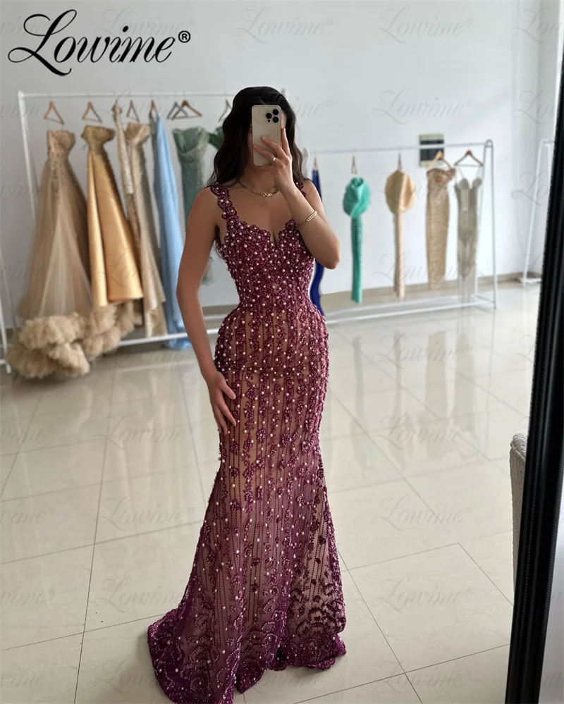 Lowime Customize Full Beading Lace Floral Party Dresses For Wedding Engagement Aso Ebi Evening Gowns Mermaid Prom Dress Arabic