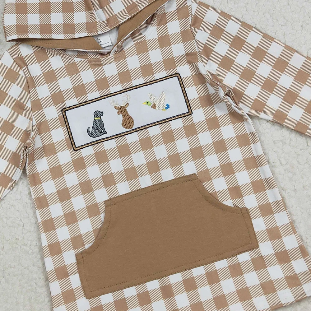 طفل الفتيان الكاكي منقوشة هوديي مع التطريز الكلاب الغزلان البط جيب الغربية للأطفال منقطة بطة الكلب الغزلان الصيد موضوع #6