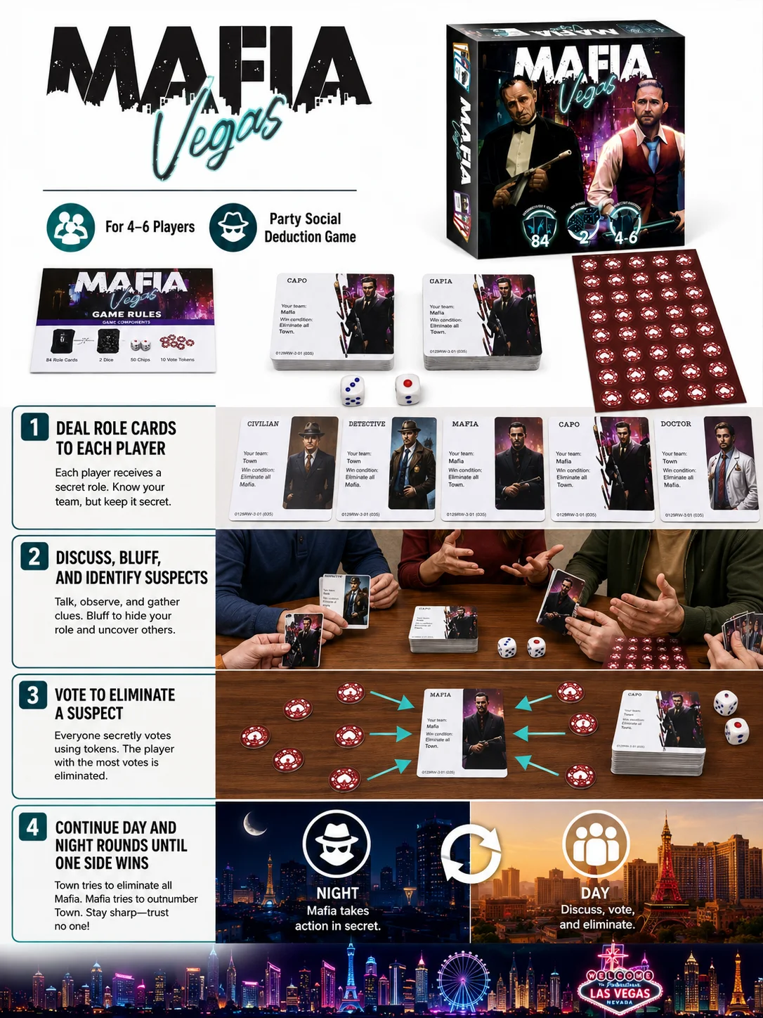 러시아어 버전 마피아 베가스 보드 게임, 주사위가 포함 - Party Games Mafia 리뷰 및 가격