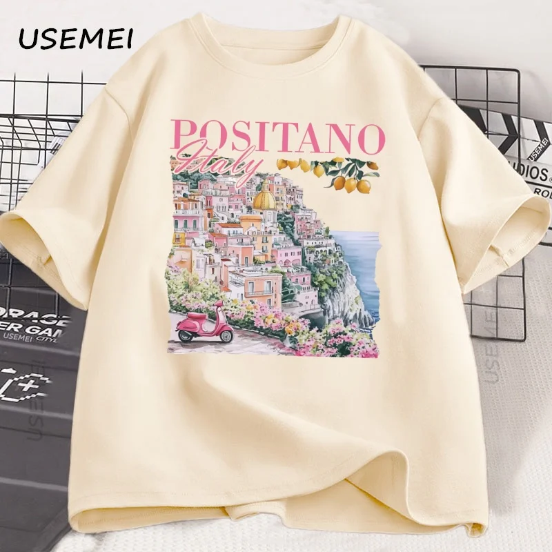 Positano Italy T-Shirt Vintage Italian T Shirt Oversized Cute Women's Graphic Tee Retro Short Sleeve Italy Vacation Tee Unisex