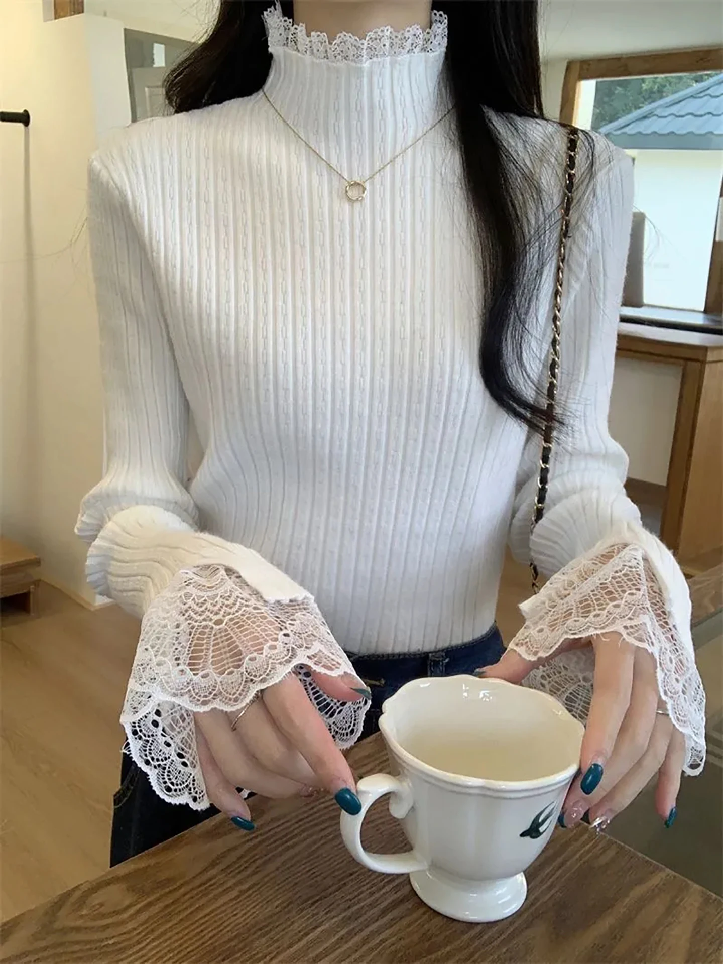 

Женский кружевной вязаный свитер с высоким воротником, облегающий крой, универсальный, элитный, зимний, новый, корейский, с завязкой на талии