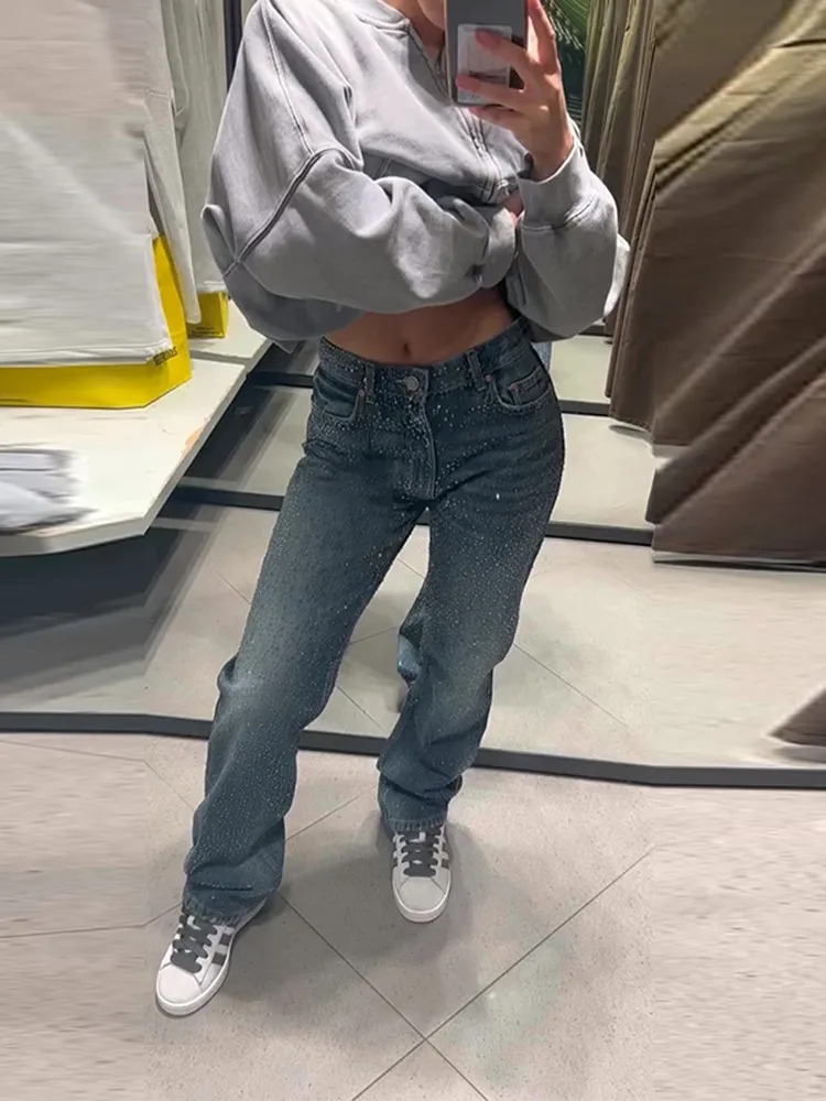 

Y2k Shiny Rhinestone Women Jeans Pants Full Diamonds Denim Trousers Straight Slim Pencil Pants with Packets Low Waist Retro Pant