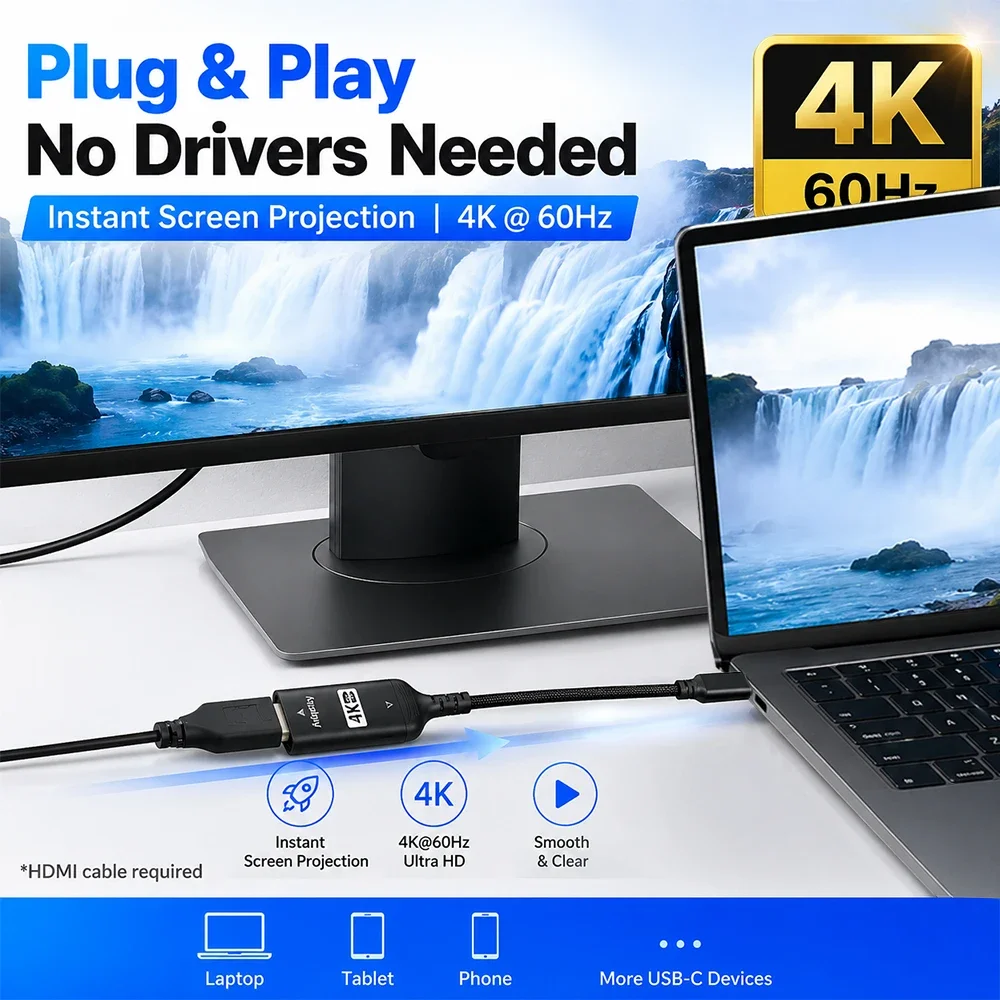 USB C to HDMI Adapter 4K@60Hz Plug and Play, Type C to HDTV Cable Converter for Laptop, Tablet, Phone view 4