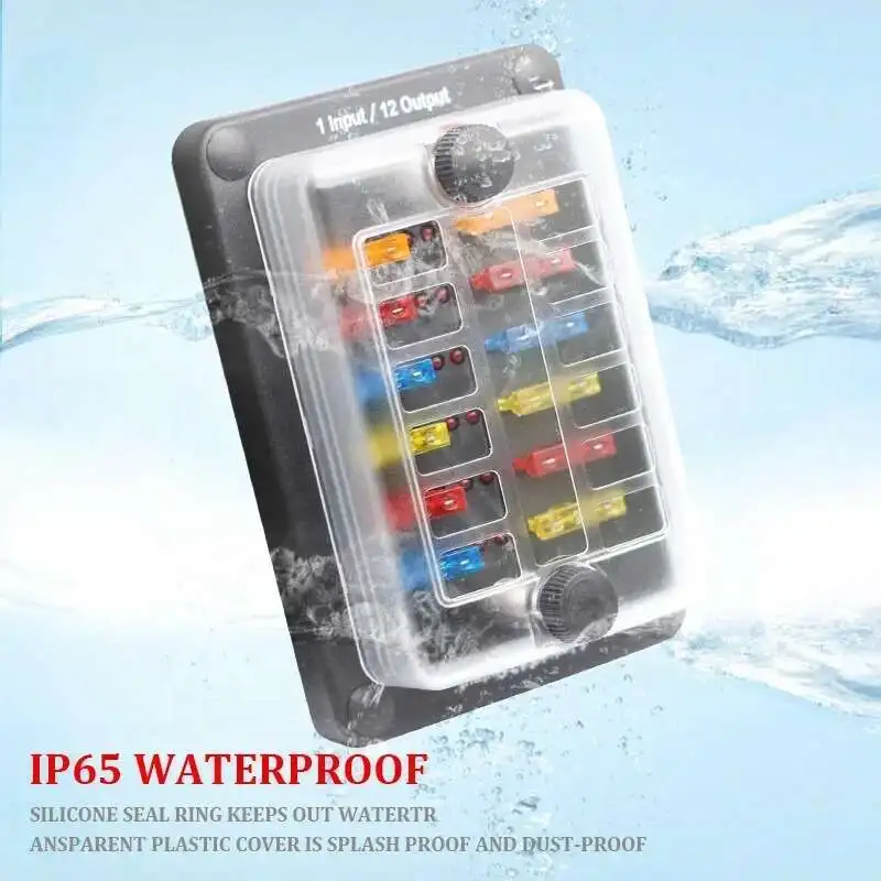 

Waterproof 32V 12Way Car Boat Marine Blade Fuse Box With LED Light Indication & Protection Cover