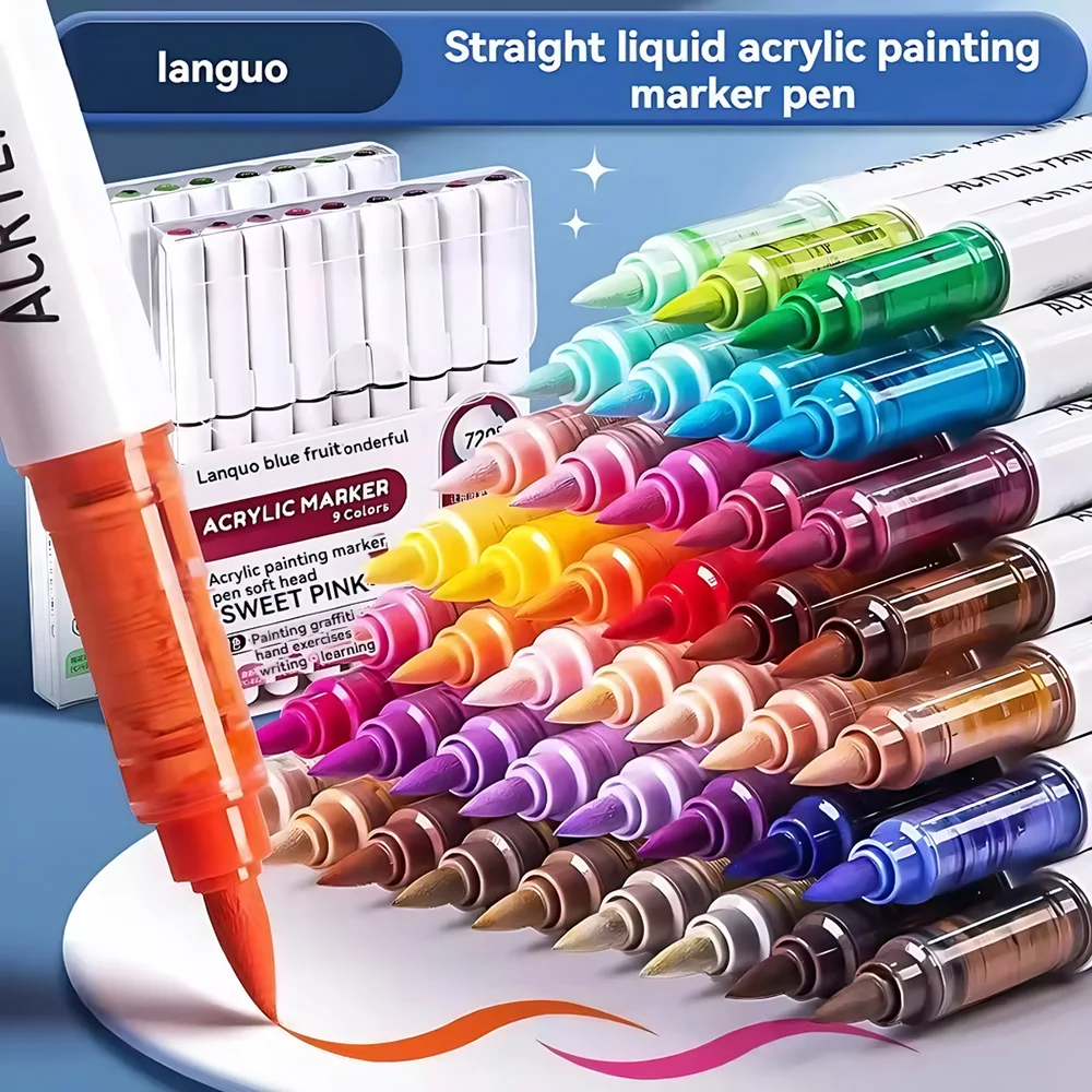 

9 Colors Liquid Acrylic Paint Marker Soft Nylon Tip High Capacity Brush Pens for Journal Manga Painting DIY Crafts Art Supplies
