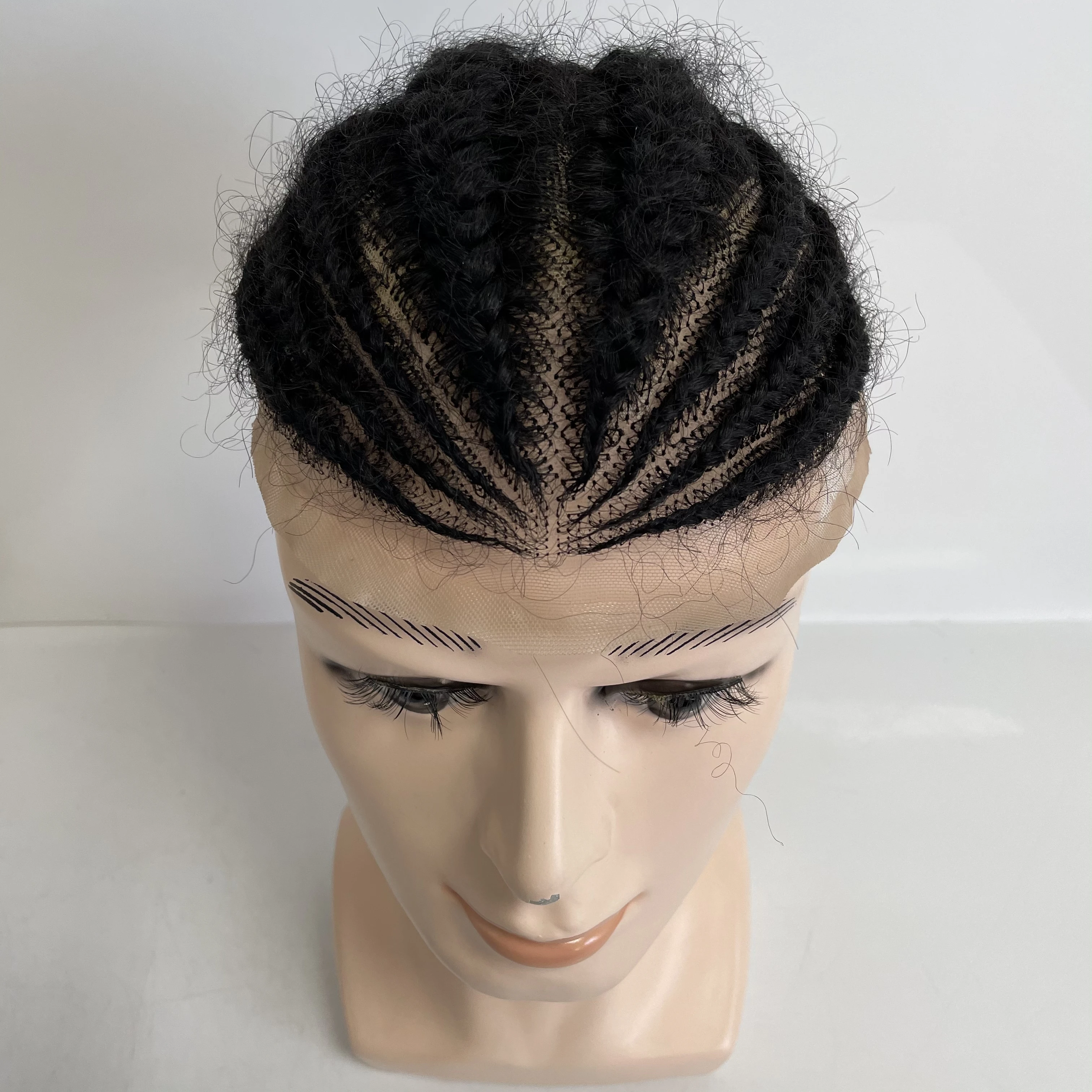 Malaysian Virgin Human Hair Systems Root Afro Corn Braids 1b# Black Color 8x10 Full Lace Toupee for Blackman