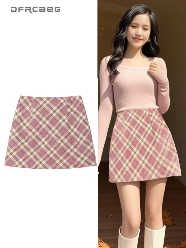

Autumn Winter Pink Plaid Woolen Short A-Line Skirt For Women High Waisted Slim Retro Sweet Pencil Mini Skirts Lady
