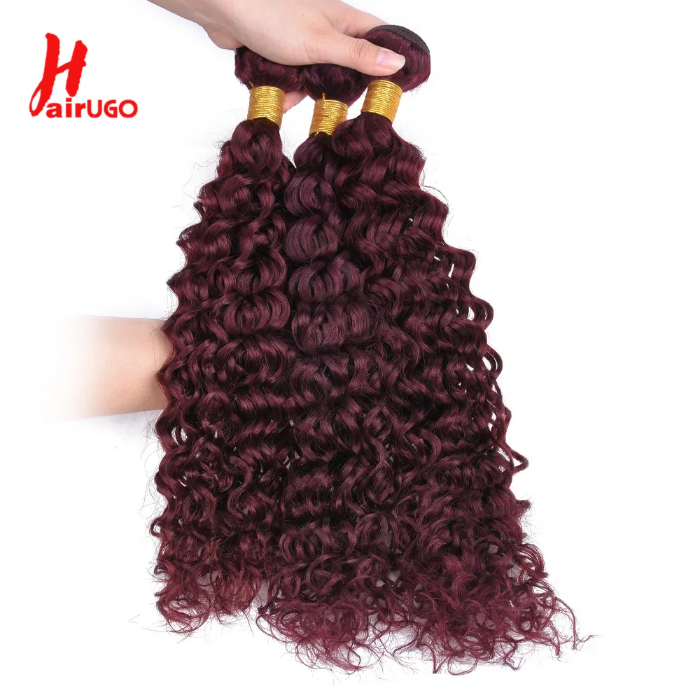 HairUGo-extensiones de cabello humano brasileño 99J, mechones de ondas al agua Borgoña con cierre, 3 mechones, tejido de cabello precoloreado Remy