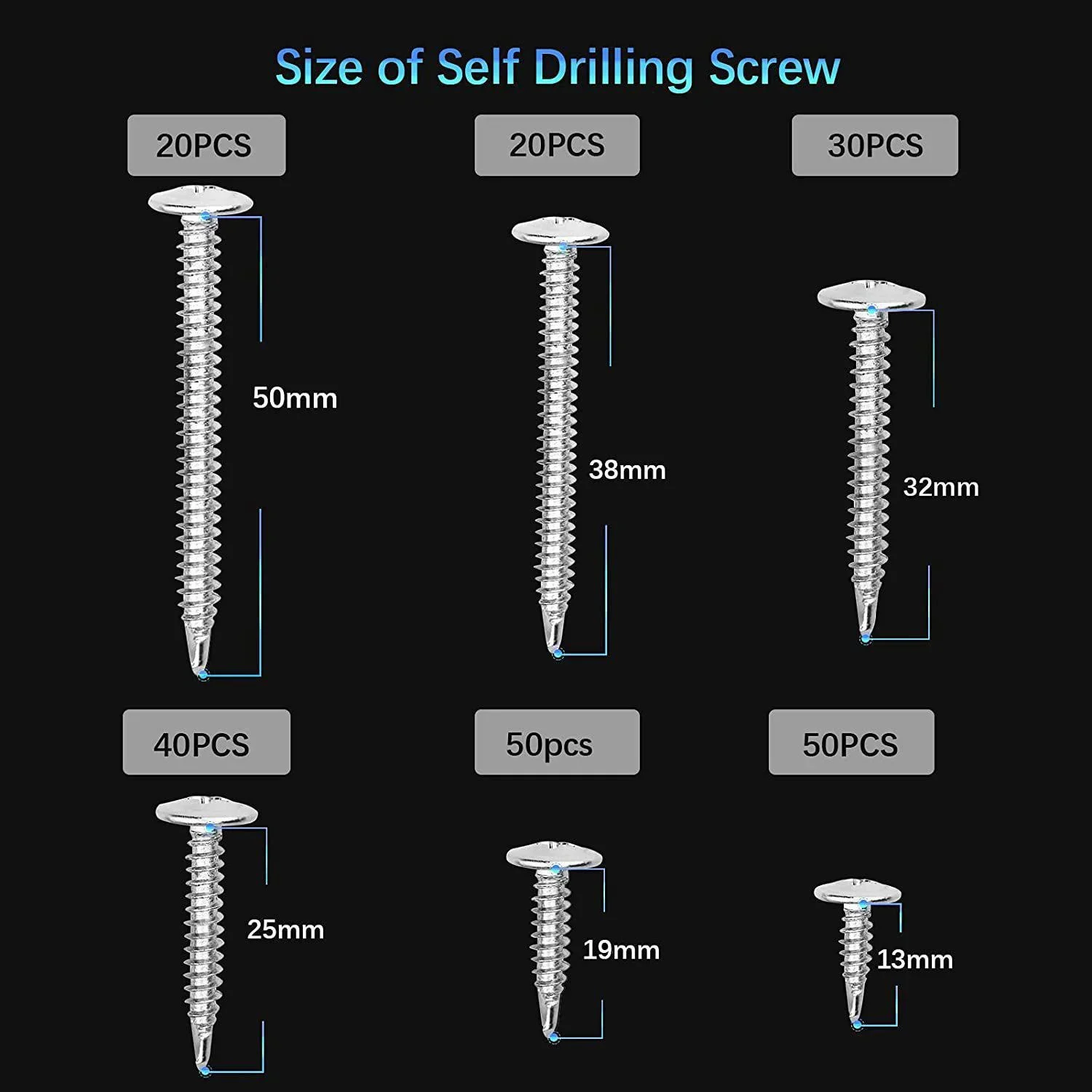 210Pcs Hexagon Washer Head Self Tapping Screws, Drill Tail Fastener Assortment Kit with Storage Box, 6 Sizes 13mm 19mm 25mm 32mm 38mm 50mm, Metal Screws for Furniture Assembly, Home Maintenance, Woodwork and DIY Repair Projects Hardware Set