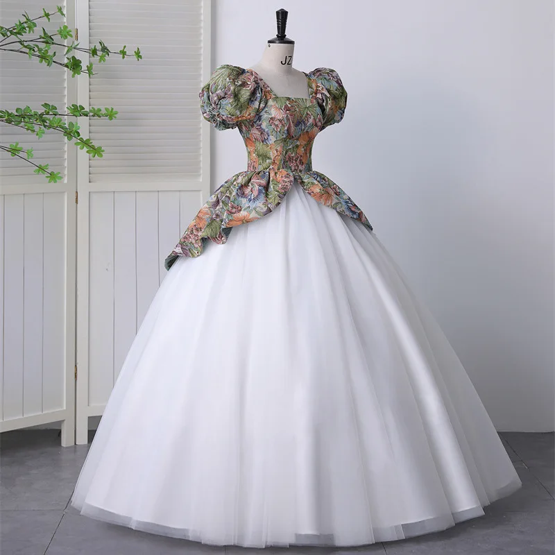 Vintage Evening Gown Princess Prom Dresses Short Sleeve Print White Long Women Special Occasion Dress Evening Party Gown Vestido