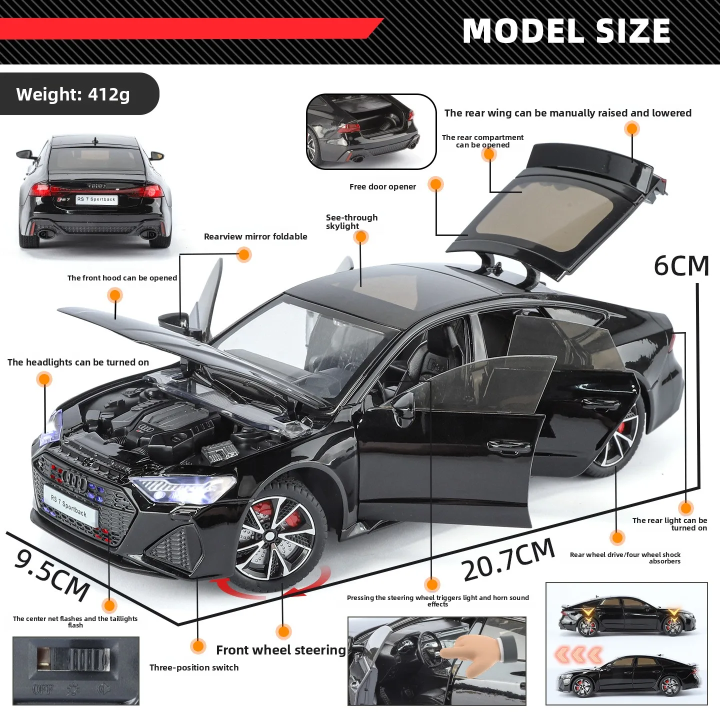 1:24 RS7 スポーツバック スポーツカー 合金ダイキャストシミュレーションモデルカー おもちゃ サウンドとライト付き プルバック式おもちゃ 子供向けギフト