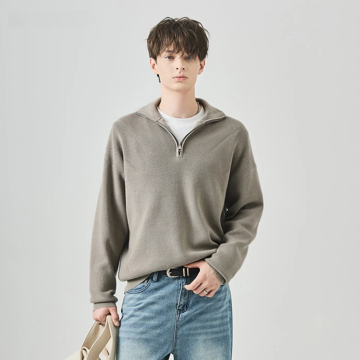 

Мужской свободный свитер с высоким воротником на молнии, с длинными рукавами, повседневный, осенне-зимний, модный, удобный, дышащий, из полиэстера